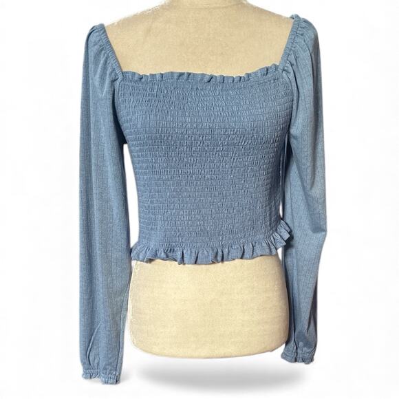 SO Tops - SO Women’s Crop Top Peasant Boho Solid Blue Long Sleeve Size L